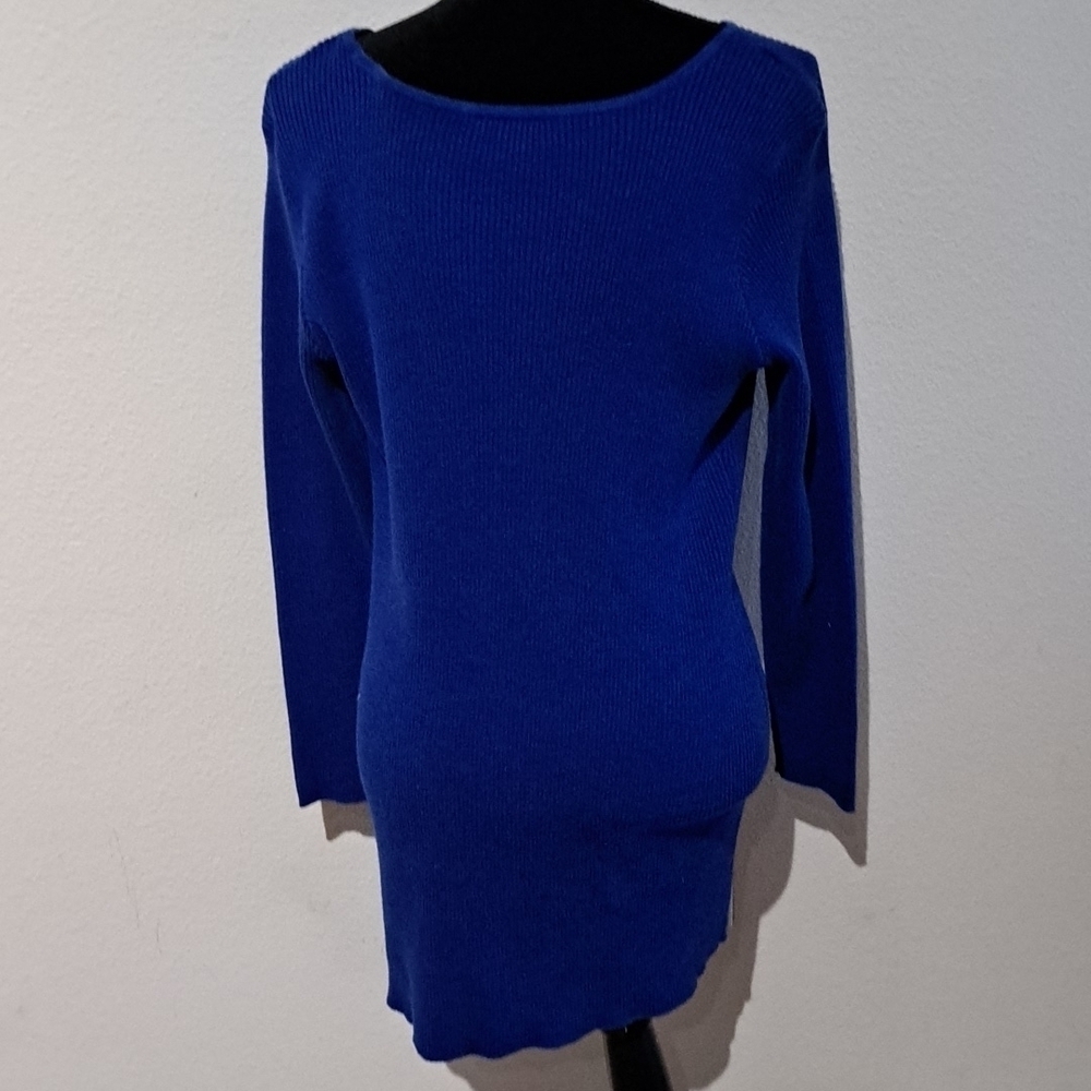 Ab Studio Ribbed Blue Form Fitted Stretch Sweater With Pockets View 3